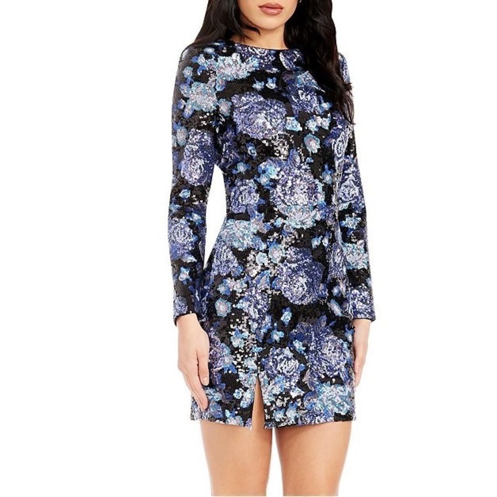 NWOT Dress the Population Nathalia Sequin Floral Long Sleeve Mini Dress size xs - Picture 2 of 13